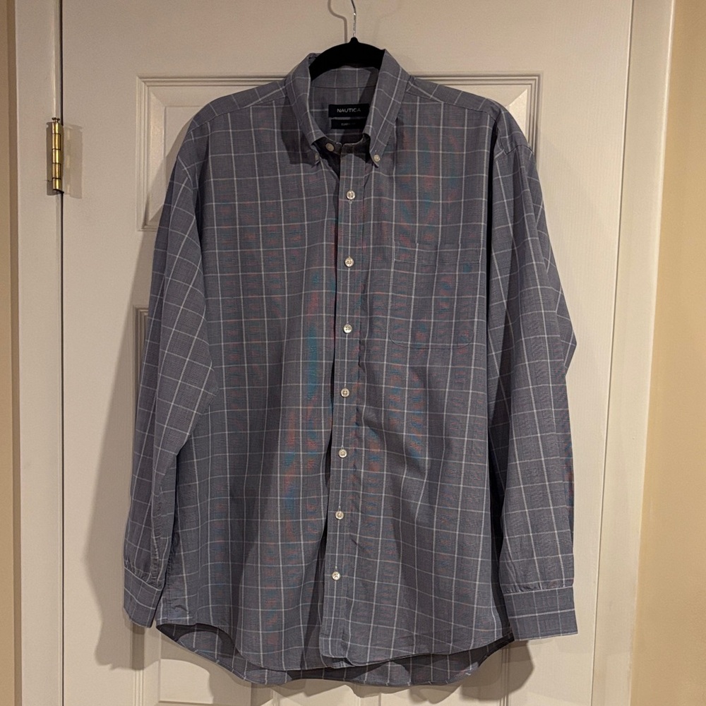 Nautica Blue Plaid Button Down Shirt‎ Mens size 16-1/2 x 34/35 Classic Fit